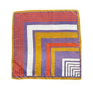 Vintage Geometric Striped Silk Scarf 26" Square Purple Orange Yellow White Retro